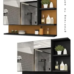 CASA JD MÓVEIS Espelheira Cleopatra armario para banheiro com espelheira de 60cm de largura 45cm de altura e 13cm de profundidade e móveis preto nature - Imagem 4
