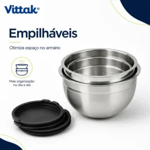 Vittak Conjunto 3 Bowls de Inox com Tampas Plásticas Utensílios de Cozinha Tamanhos Variados - Imagem 4