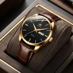 Relógio Social Masculino A Prova D'água Couro Olevs Luxo Marrom Dourado Preto - Imagem 1