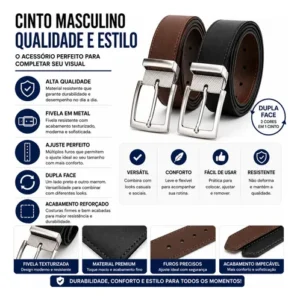 Cinto Masculino Couro Sintético Fivela Preta Dupla Face - Imagem 3