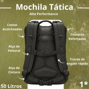 Mochila Tática Impermeável Militar Reforçada Grande 50 Litros Masculina Feminina Anne Preto - Imagem 4