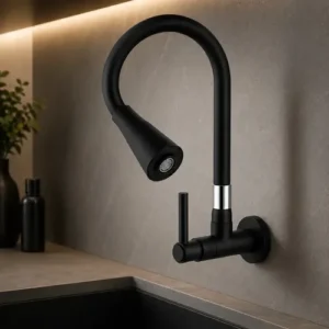 Torneira Para Cozinha Gourmet de Parede Preta Silicone Flexível Bica Móvel 2 Jatos Modelo Moderno para Pia Água Fria - Imagem 3