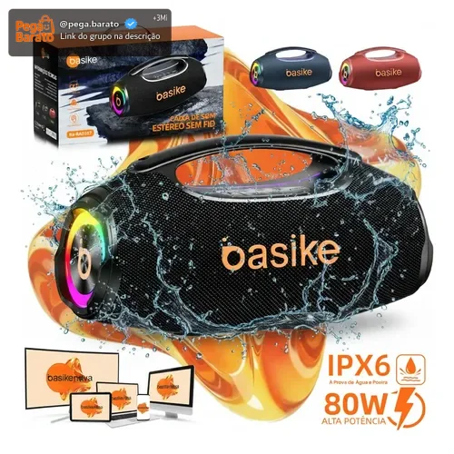 Basike Caixa de Som Boombox Plus 80W 8000Mah Portátil Bluetooth 5.3 Sem fio IPX6 À Prova D'água Com Luz RGB Hifi TWS Bass Forte Amplificada Alto falante Bombox TV Festa Casa Soundbox Subwoofer RAD337