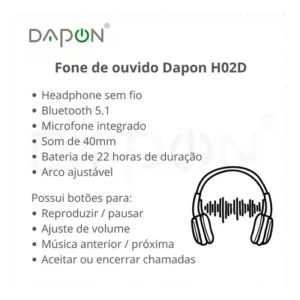 Fone De Ouvido Headphone Dapon H02D Bluetooth 5.1 Over-ear 22h Preto - Imagem 11