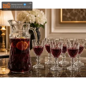 Kit Diamante Jarra 1,8l C/ Tampa E 6 Taças Diamante 330ml Transparente Luxo Vidro Cristal Egípcio - Imagem 1