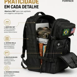 Mochila Tática 50l Masculina Militar Impermeável Reforçada Grande Para Viagem Camping Caça Pesca Com 2 Patch Bandeira Brasil Eua Cor Preta Forpak - Imagem 5
