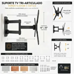 Suporte Tv Tri-articulado Universal Monitor Braço Longo Reforçado Regulável E Inclinável Lcd Led Plasmas 14 A 55 Polegadas Cor Preto Bamduu - Imagem 8