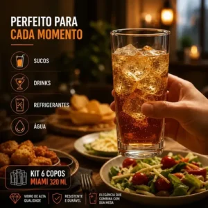 Jogo de 6 Copos Alto 320ml Miami Vidro Grosso Moderno Luxo Transparente Quadrado ViaCruz - Imagem 4