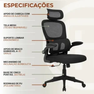 Cadeira Escritório Ergonômica Giratoria Reclinavel Olinda RSH500 Rishon Cor Preto Com Suporte Lombar Estofado Mesh - Imagem 7