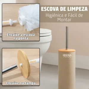 Kit Banheiro Completo Acessórios De Bambu Moderno Lixeira Com Tampa Escova Saboneteira Cor Bege Irsina - Imagem 6