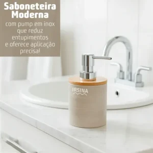 Kit Banheiro Completo Acessórios De Bambu Moderno Lixeira Com Tampa Escova Saboneteira Cor Bege Irsina - Imagem 8