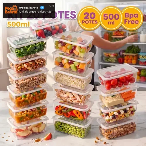 Kit 20 Potes 500 Ml Transparente Marmita Fitness Bpa Free Reutilizável Tampa Hermética Micro E Freezer Ponte Lar Utilidades