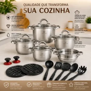 Jogo Panelas Inox 19 Peças Genebra Completo C/ Utensílios - Imagem 3