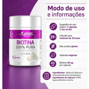 Biotina 100 Pura Bodyaction 45mcg 60 Caps Veganas - Imagem 4
