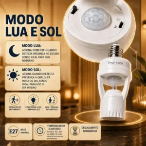 Sensor De Presença E Movimento Iluminação Lâmpada Soquete E27 Fotocélula Infravermelho Bivolt Acende E Desliga Automático Thop Tech Importados - Imagem 7