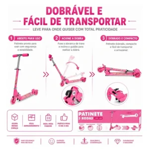 Patinete 3 Rodas Infantil Menina Rosa Dobrável Ajustável Led - Imagem 6