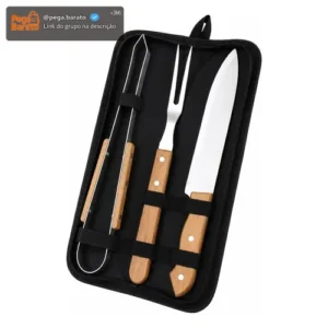 Kit Churrasco 3 Peças Inox Com Estojo Faca Garfo Pegador - Imagem 1
