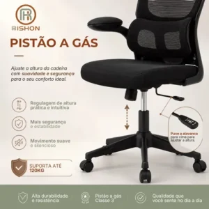 Cadeira Escritório Ergonômica Giratoria Reclinavel Olinda RSH500 Rishon Cor Preto Com Suporte Lombar Estofado Mesh - Imagem 6