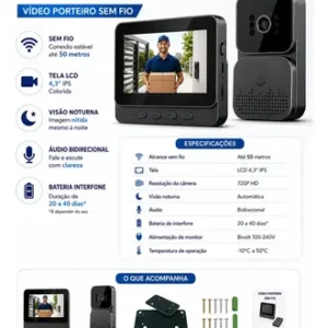 Vídeo Porteiro Campainha com Áudio Monitor Sem Fio Interfone Bidirecional Wireless Hd Cor Cinza-escuro Casa Segura VLX - Imagem 4