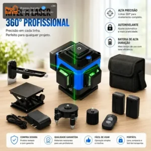 Kit Nível A Laser Verde 12 Linhas Esquadro + Suporte + Tripé Recarregavel Profissional Prumo Autonivelante Acompanha Controle - Imagem 1