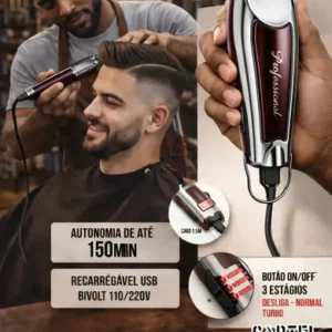 Máquina Profissional Cortar Cabelo E Barba Acabamento Sem Fio Prateado Com Marrom Bivolt 110/220 Cartel Barber Shop - Imagem 6
