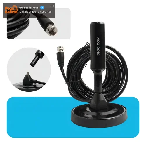 Antena Digital Sinal 4k Hd Smart Tv Interna Externa Para Tv Samsung LG Led Lcd 3d Hdtv Uhf Amplificador Cabo Longo De 5 Metros Com Base Magnética Diggicom