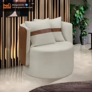 Poltrona Orgânica Base Giratória Maya Corino E Boucle Cru Cor Bege Corino Nozes Desenho Do Tecido Felpudo - Imagem 1