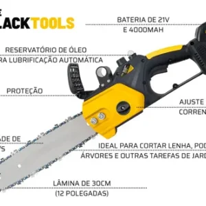 Moto Serra A Bateria 21v 4000mah 300mm 12 Polegadas Tcs21b The Black Tools Cor Amarelo e Preto - Imagem 3