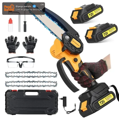 Motosserra Eletrica Portatil 6 Polegadas, 2 Baterias, 600W 3000rpm Potente Mini Moto Serra Profissional com Maleta - STARMEGA
