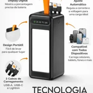 Power Bank 50000mah Preto Turbo 22,5w Carregamento Rápido Usb Tipo C Lightniing Alta Capacidade Portátil Compatível Com Celular Smartphone Tablet iPad Segurança Inteligente - Imagem 3