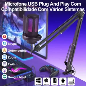 Microfone Condensador USB Cardioide RGB para Gravação e Jogos Preto - Imagem 5
