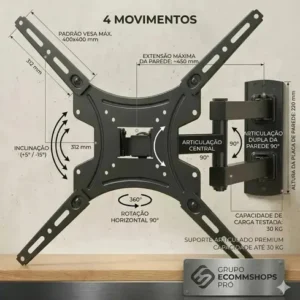 Suporte Tv Tri-articulado Universal Monitor Braço Longo Reforçado Regulável E Inclinável Lcd Led Plasmas 14 A 55 Polegadas Cor Preto Bamduu - Imagem 5