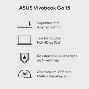 Notebook ASUS Vivobook Go 15 Core i3 N305 4GB Ram 256GB SSD W11 Home Tela 15,6" Full HD Prata Metálico - E1504GA-NJ441W - Imagem 3