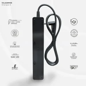 Filtro de Linha com Protetor de Surto DPS iClamper Energia 5 Tomadas 3 Pinos 10 Amperes com Tecnologia LCF Anti Raio Clamper Cor Preto - Imagem 3