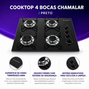Fogão Cooktop Gás 4 Bocas Chamalar Ultra Chama Bivolt Preto - Imagem 5