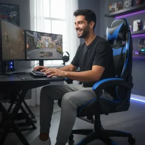 Cadeira Gamer Sweet Studio Ergonômica Reclinável em Couro Sintético Azul com Apoio de Pés - Imagem 3