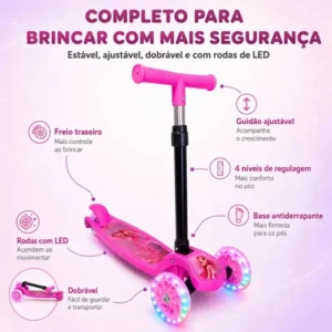 Patinete Infantil 3 Rodas Para Menina Dobrável Ajustável Rodinhas Gel com Led Atacarejo Kids Suporta 30kg - Imagem 3
