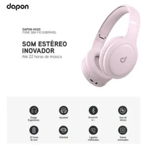 Fone De Ouvido Headphone Dapon H02d Bluetooth 5.1 Over-ear 22 Horas De Bateria Rosa - Imagem 5