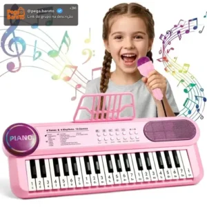 Teclado 37 Teclas BrincaMundo Com Microfone Karaokê Brinquedo Crianças Musical Educativo Piano Rosa - Imagem 1