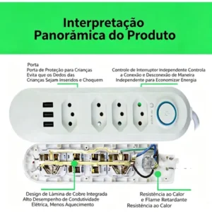 Extensão 2 Metros 4 Tomadas 3 Usb/2usb 10a Régua Energia - Imagem 8