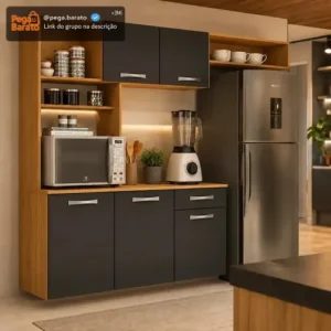 Kit Armário Cozinha Suspensa Aramóveis Compacta 5 Portas 1 Gaveta Nanda Cor Cinamomo Grafite - Imagem 1