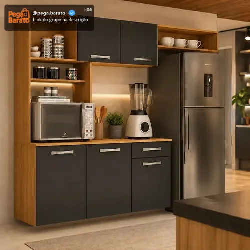 Kit Armário Cozinha Suspensa Aramóveis Compacta 5 Portas 1 Gaveta Nanda Cor Cinamomo Grafite