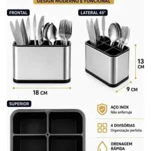 Porta-Talheres de Aço Inox com 4 Divisórias para Utensilios de Cozinha - Imagem 3