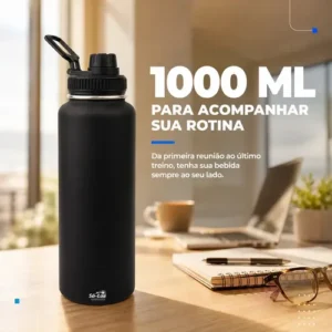 1000ml Garrafa Térmica Isolada A Vácuo Squeeze Aço Inox 304 para Água Gelada Esporte Academia com Alça e Bico Preto Sólar - Imagem 3