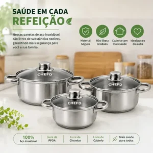 Jogo de Panelas Chef D Inox 3 Peças com Tampa de Vidro p/ Indução - Imagem 5