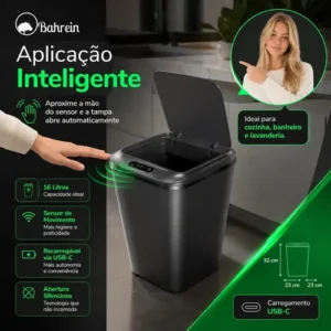 Lixeira Inteligente Automática 16l Com Sensor Infravermelho Recarregável Usb Sistema Anti Odor Tampa Touchless Para Banheiro Cozinha Cor Cinza Escuro - Imagem 4