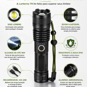 Kit 2 Unidades - Lanterna Tática Militar T9 Mais Forte Do Mundo Profissional Lanterna Potente Led Mais Forte Do Mundo Acampamento Viajens Caça Camping - Commlite Branco Preto - Imagem 3