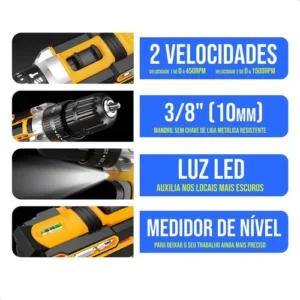 Parafusadeira Furadeira de Impacto 2 Baterias Maleta 30 Peças Carregador Cor Amarela - Imagem 3