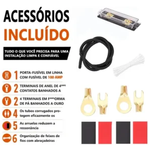 Kit Cabo Instalação Módulo Amplificador Som Automotivo 4 AWG Fusível 100A RCA 2 Canais Energia 5m 300W/400W RMS Subwoofer - Imagem 6