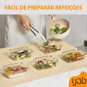 Yab - Kit 5 Potes De Vidro Marmita C/ Tampa Hermético 640ml Retangular 4 Travas Borossilicato Alimentos Micro-ondas Freezer Geladeira - Imagem 5